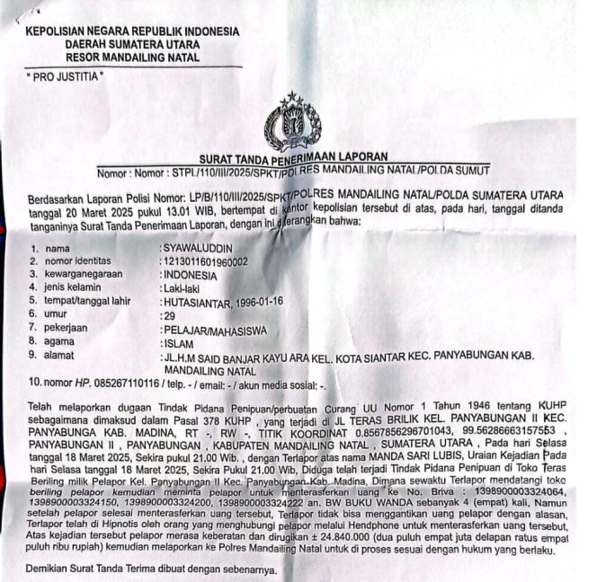 
					LP Kasus Penipuan Teras Brilink di Polres Madina Mengendap