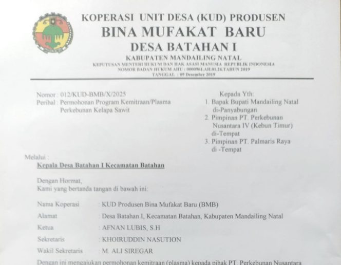 
					KUD Bina Mufakat Baru Ajukan Permohonan Program Plasma Sawit ke PTPN IV dan PT. Palmaris Raya