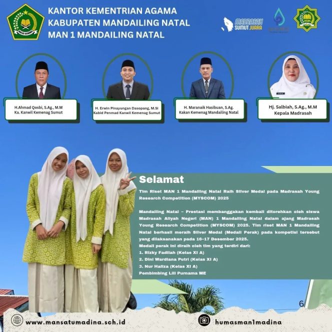 
					Tim Riset MAN 1 Mandailing Natal Raih Silver Medal pada Madrasah Young Research Competition (MYSCOM) 2025