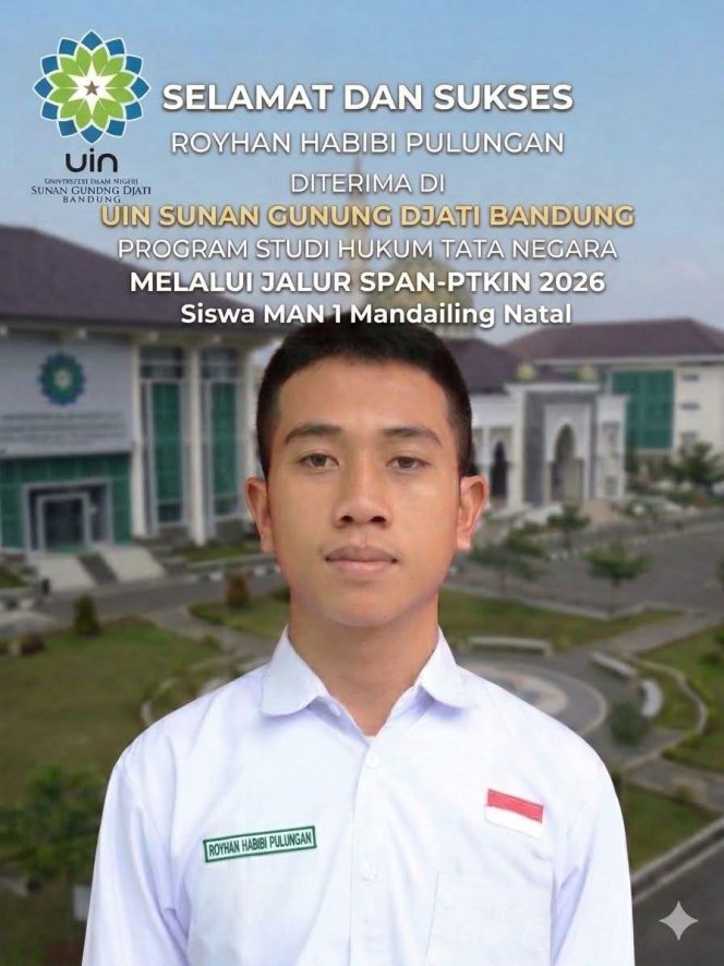 
					Siswa MAN 1 Madina, Royhan Habibi Pulungan, Lulus Jalur SPAN-PTKIN di UIN Bandung