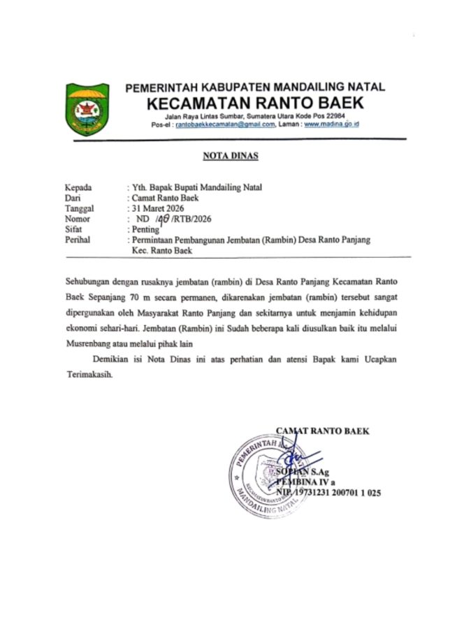 
					Camat Rantobaek Sopian S Ag Desak Pemkab Perbaikan Rambin Ranto Panjang